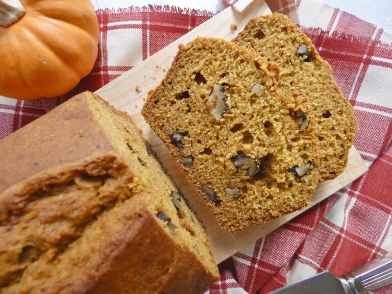 top down view of healthier pumpkin bread slices