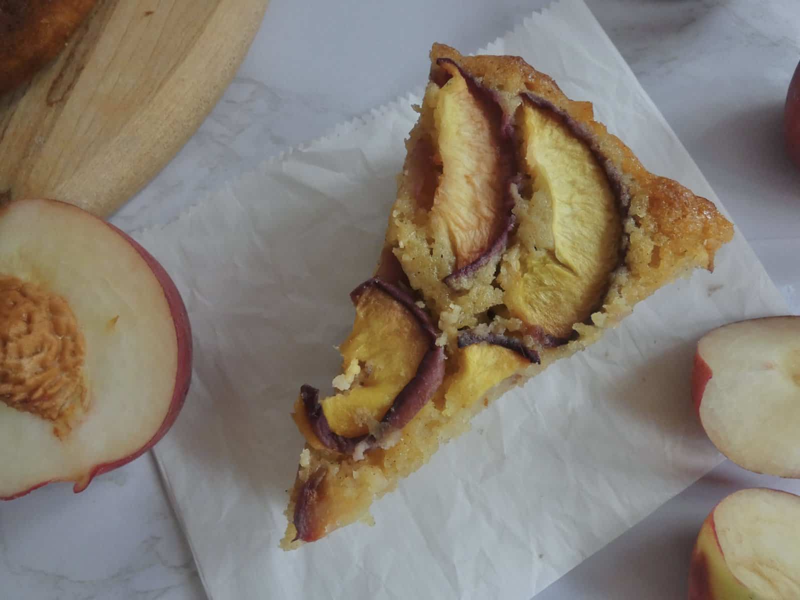 slice of summer peach cake