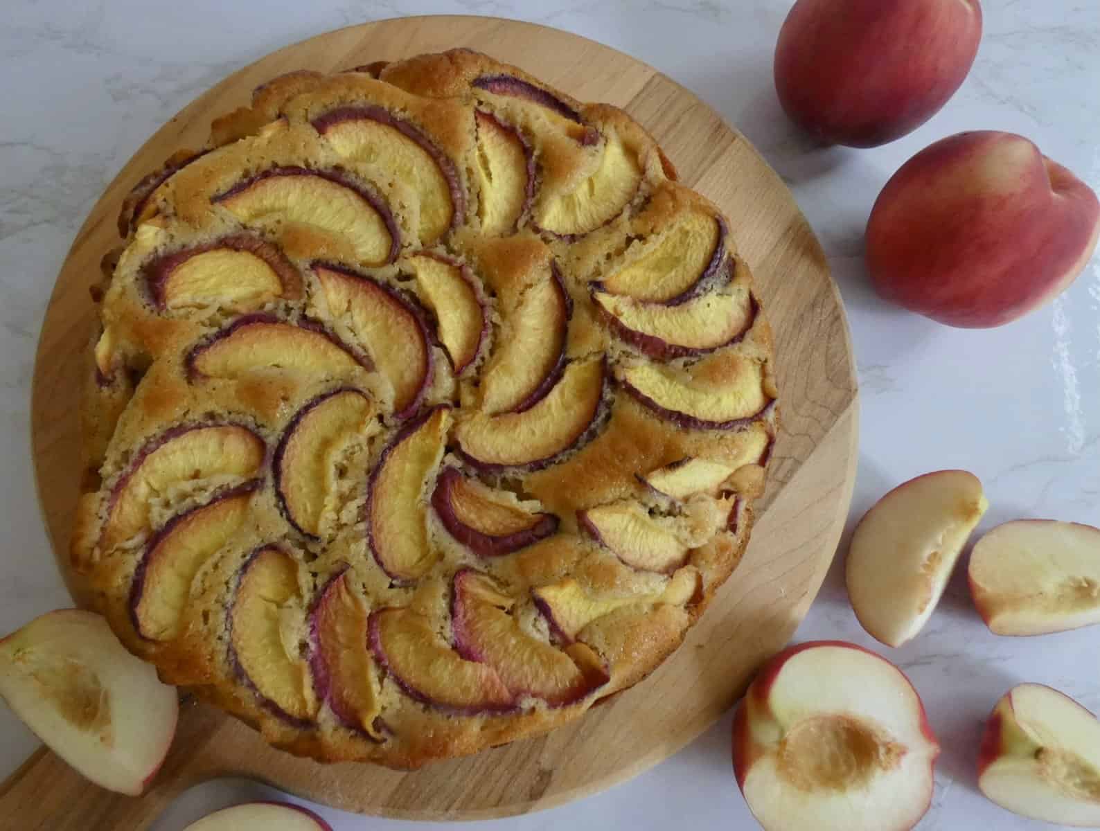 top view of summer peach cake