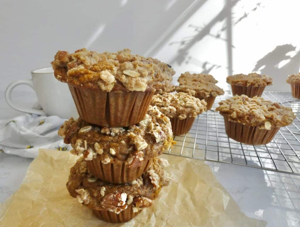 stack of healthier pumpkin streusel muffins