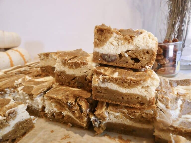 stack of pumpkin cheesecake blondies