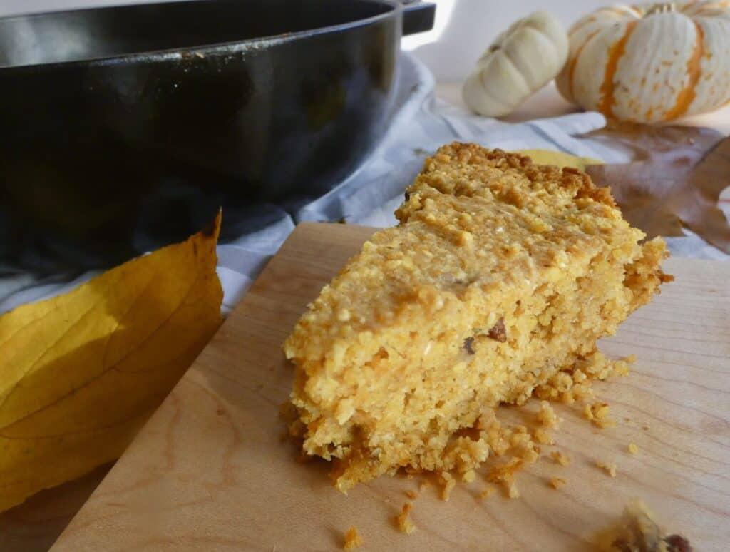 slice of pumpkin pecan skillet cornbread