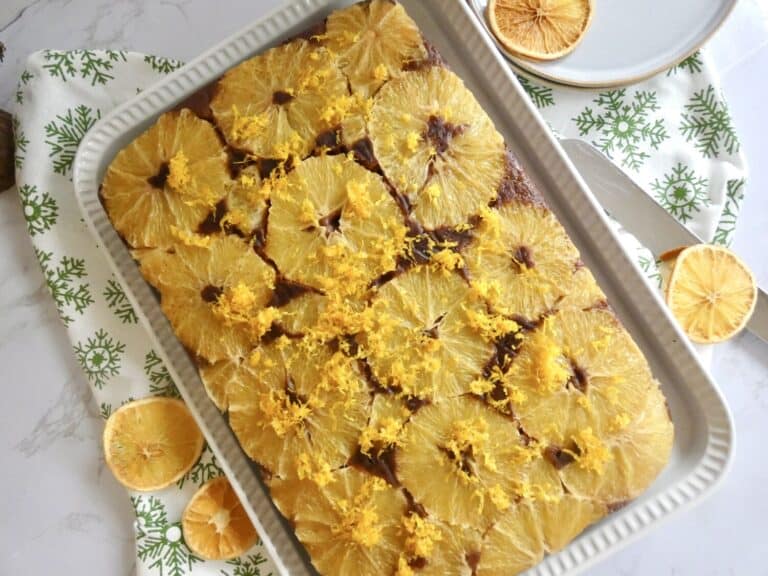 top down view of orange upside down chocolate sheet cake