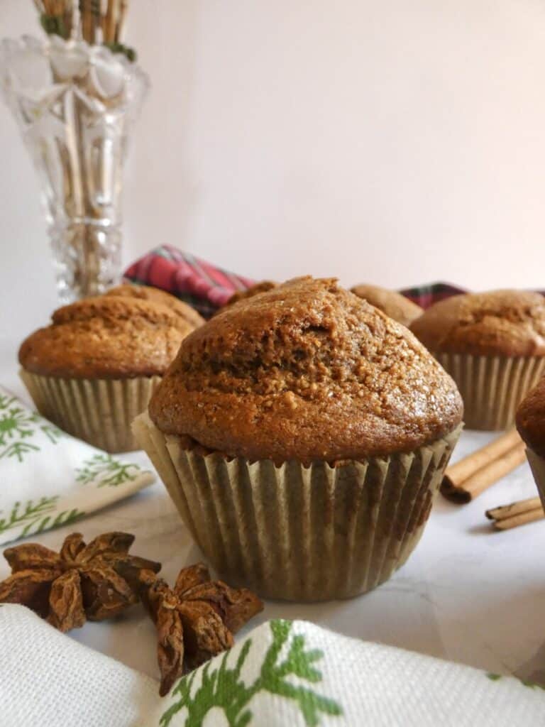 vertical photo of healthy gingerbread muffins