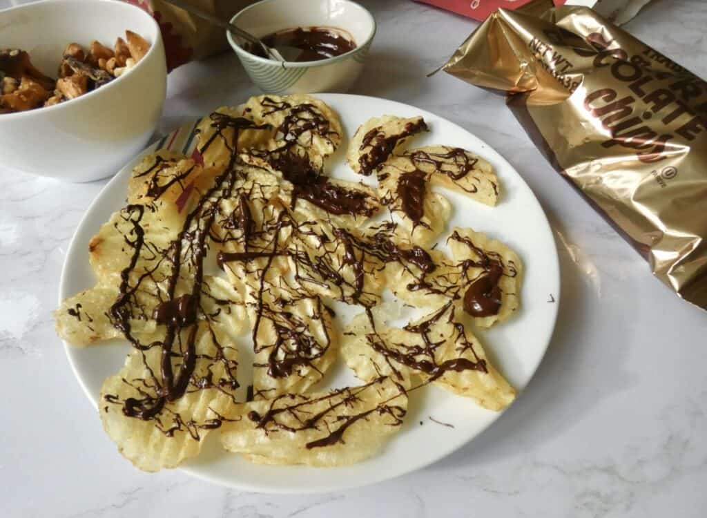 plate of chocolate drizzled chips 45 view