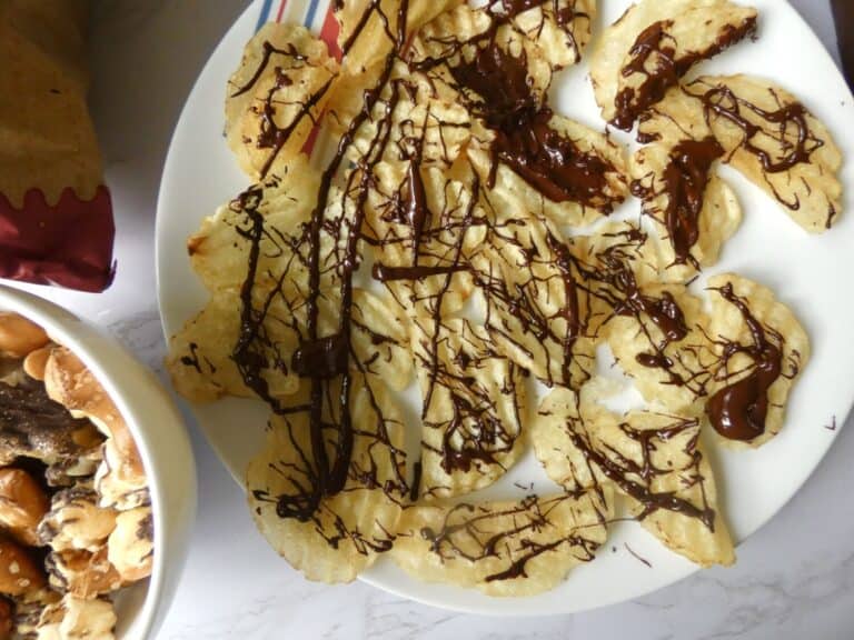 plate of chocolate drizzled chips