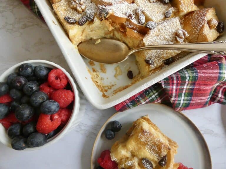 easy bread pudding top down with slice