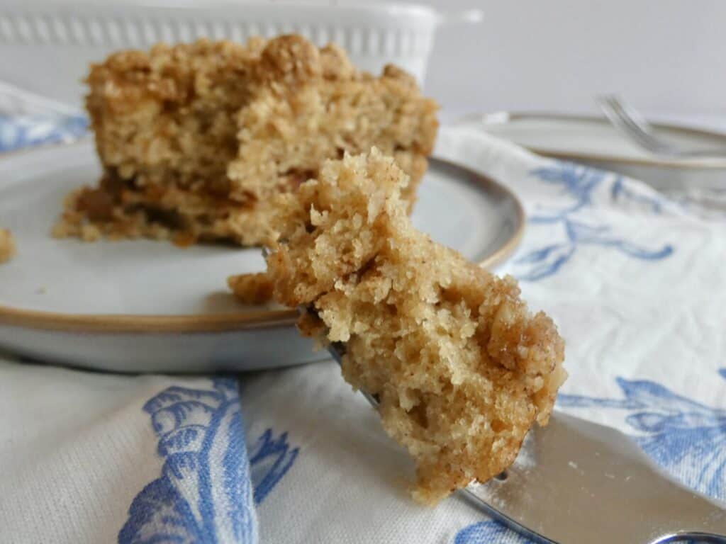 Healthier Banana Cinnamon Coffee Cake on a fork