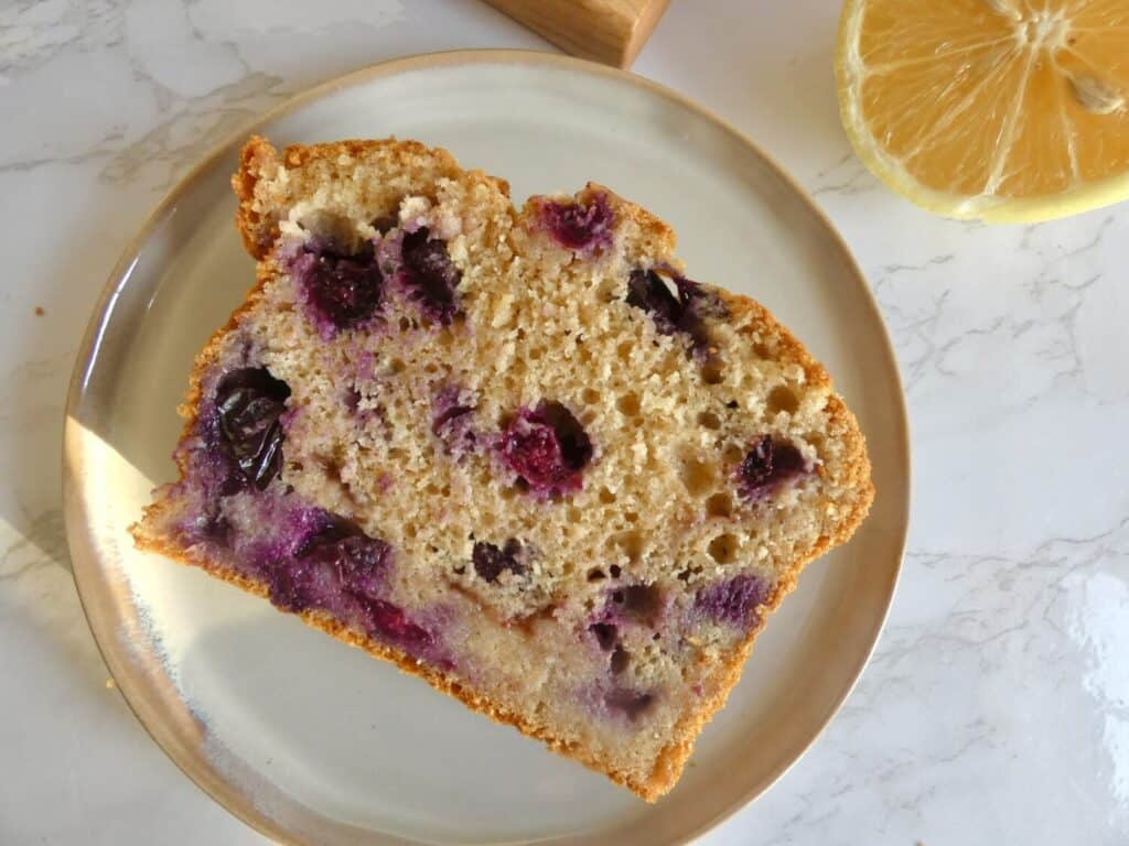 slice of Healthy Blueberry lemon Loaf