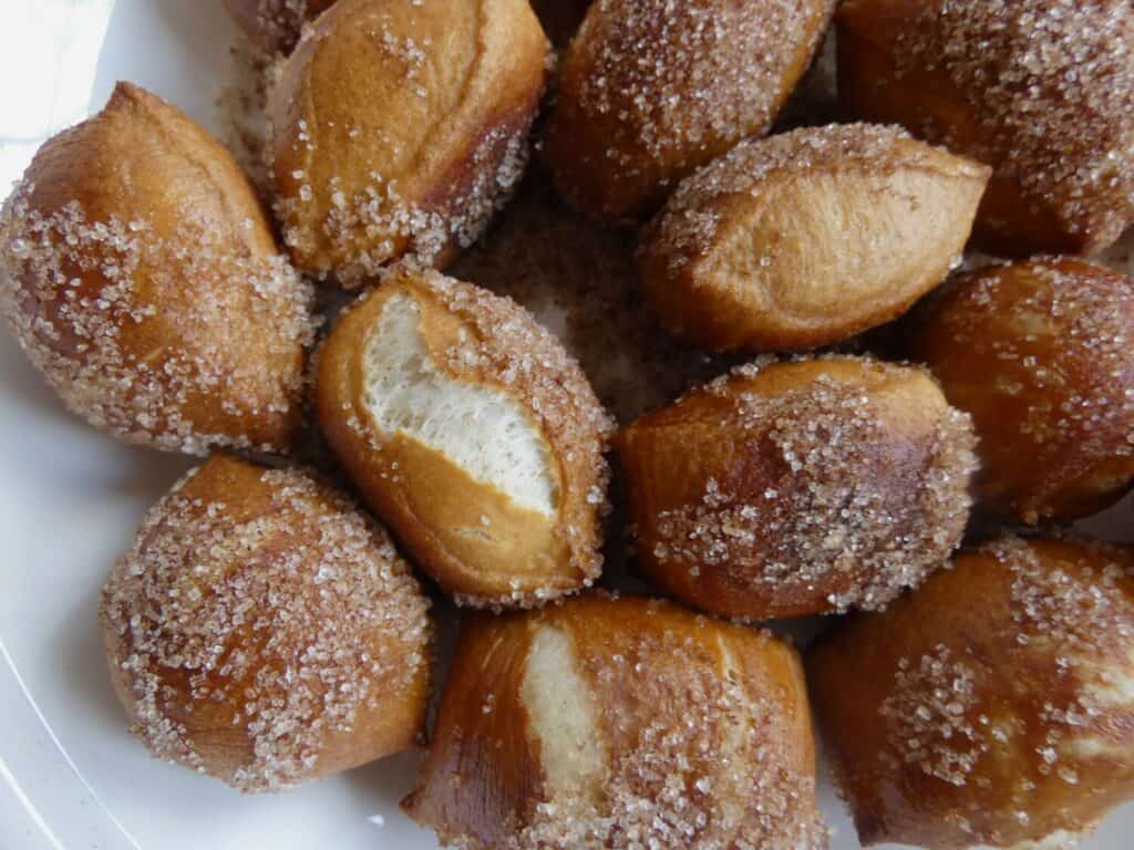 small batch soft pretzel bites in cinnamon sugar