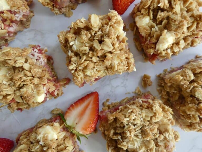 top down view of healthy strawberry coconut oat bars