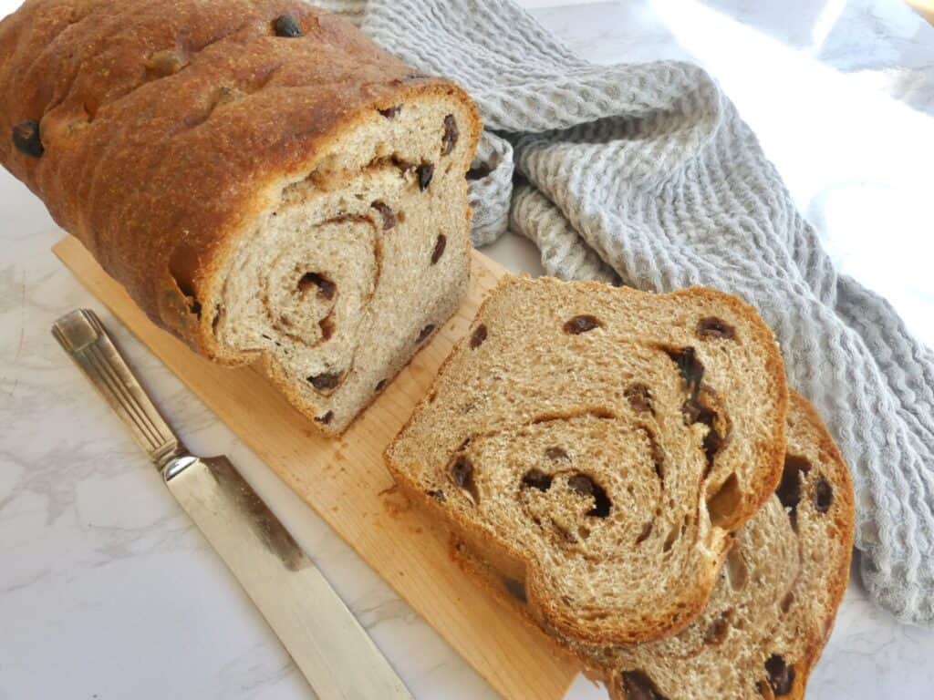 top down view of sliced Whole wheat cinnamon raisin swirl bread