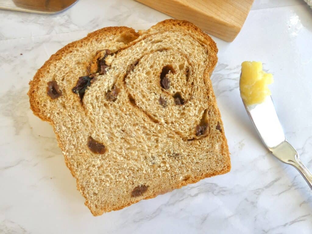 slice of Whole wheat cinnamon raisin swirl bread