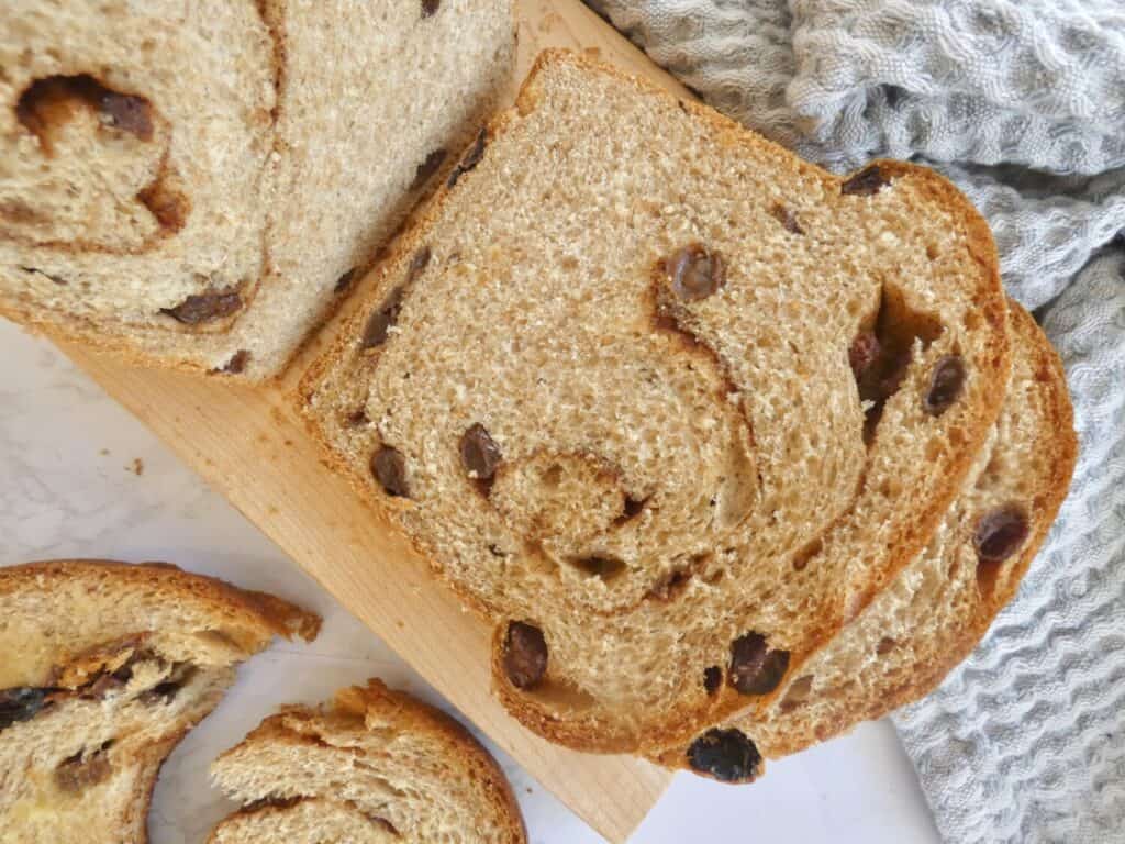 top down view of Whole wheat cinnamon raisin swirl bread