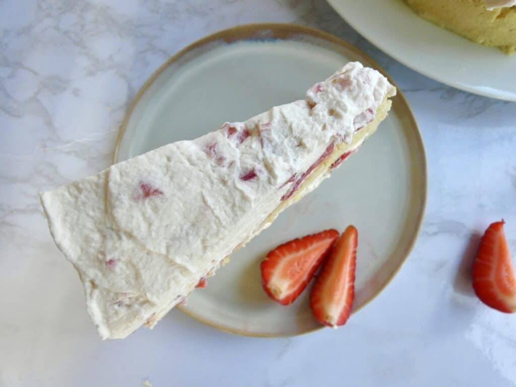 top down view of a slice of Castella Strawberry cream cake