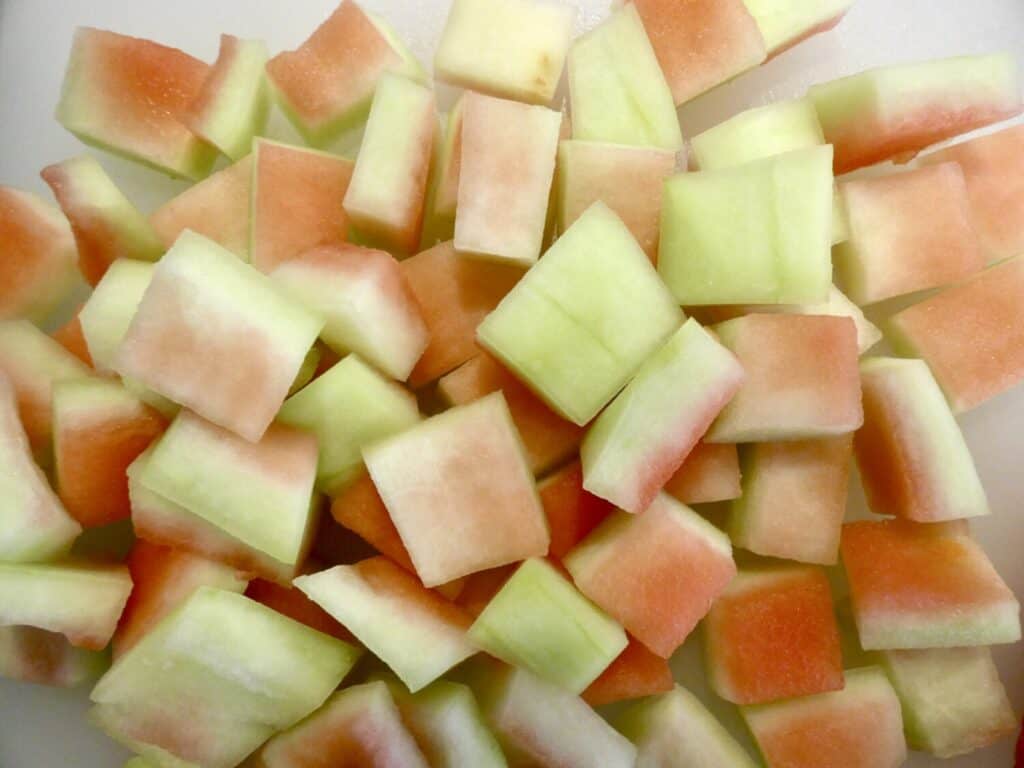 cutting board with Watermelon rind pickles