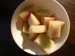 Watermelon rind pickles in a bowl