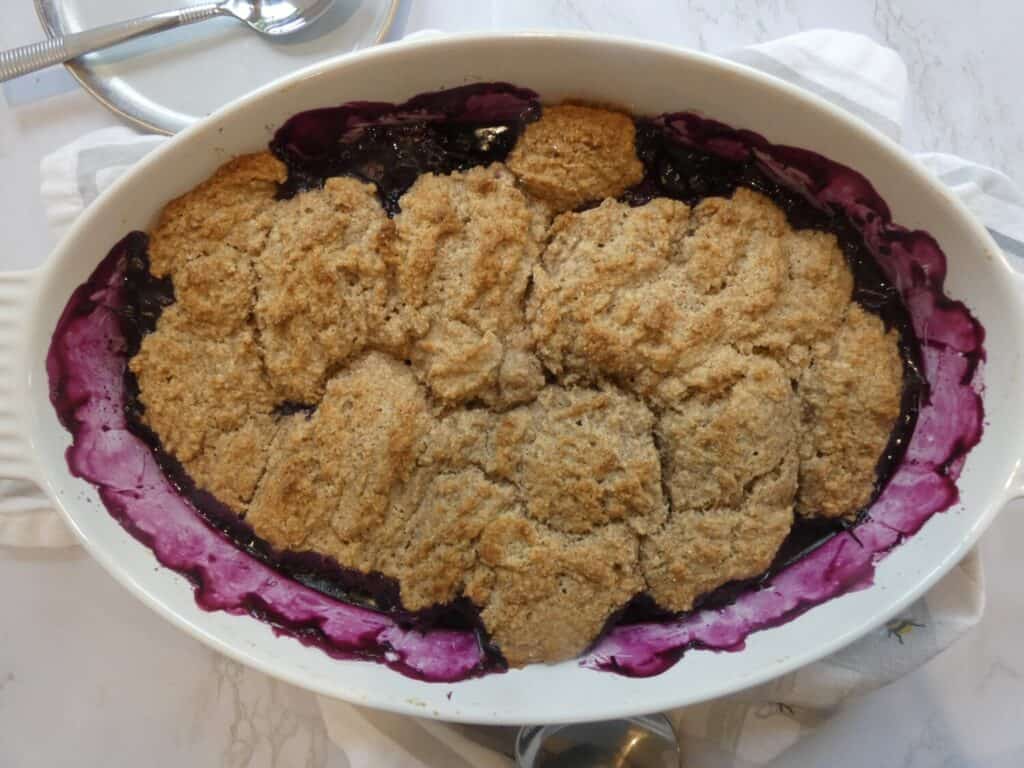 top down view of healthier blueberry cobbler