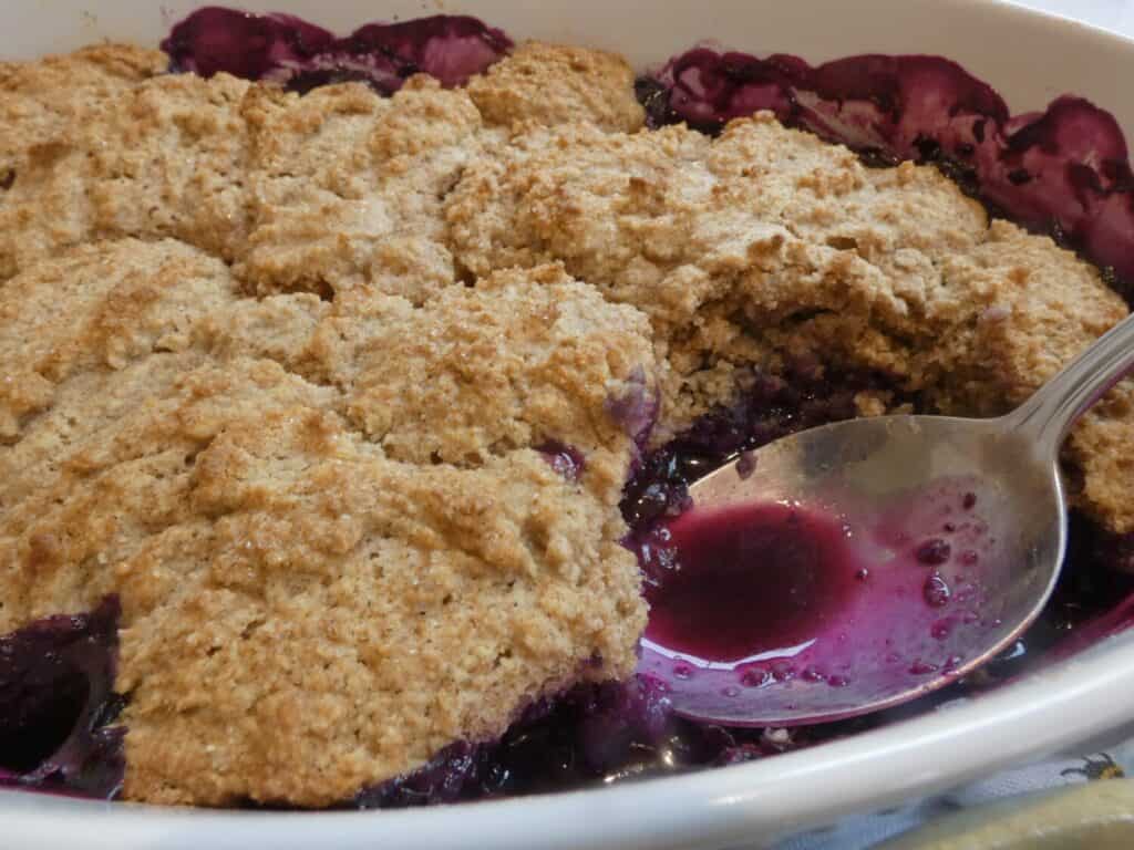 spoon in a dish of healthier blueberry cobbler