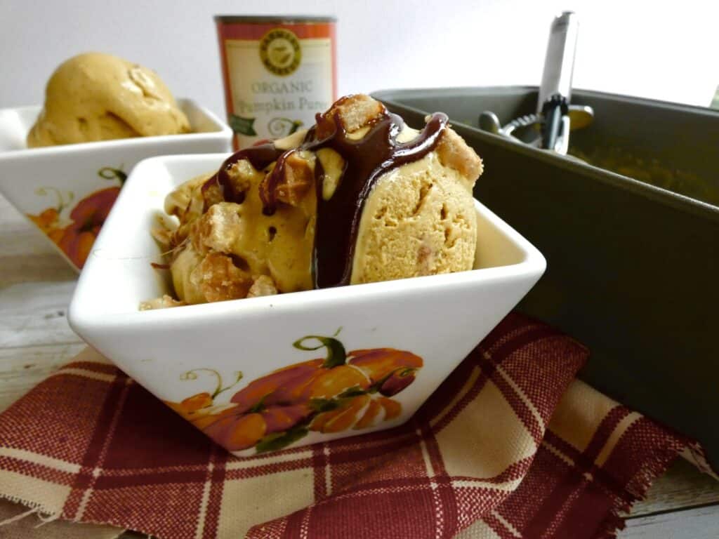 maple pumpkin pecan ice cream with apple caramel in a bowl