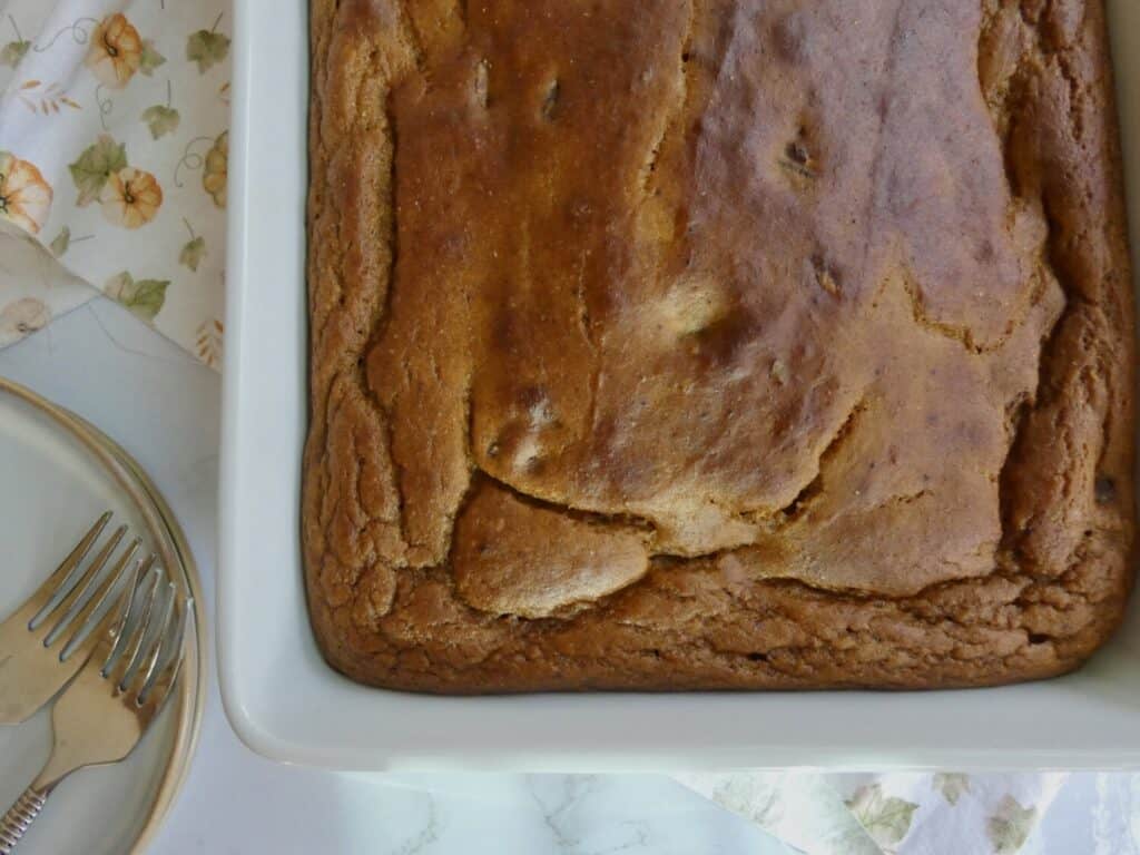 simple sourdough discard pumpkin cake in a baking dish