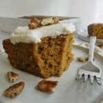 slice of simple sourdough discard pumpkin cake with fork