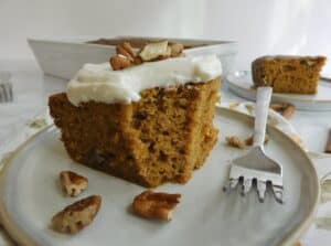 slice of simple sourdough discard pumpkin cake with fork