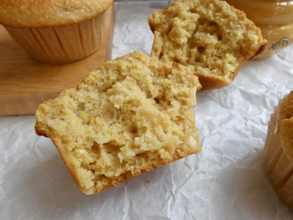 bakery style cornbread muffin split in half