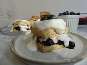 simple blueberry shortcake front view with biscuits in the background