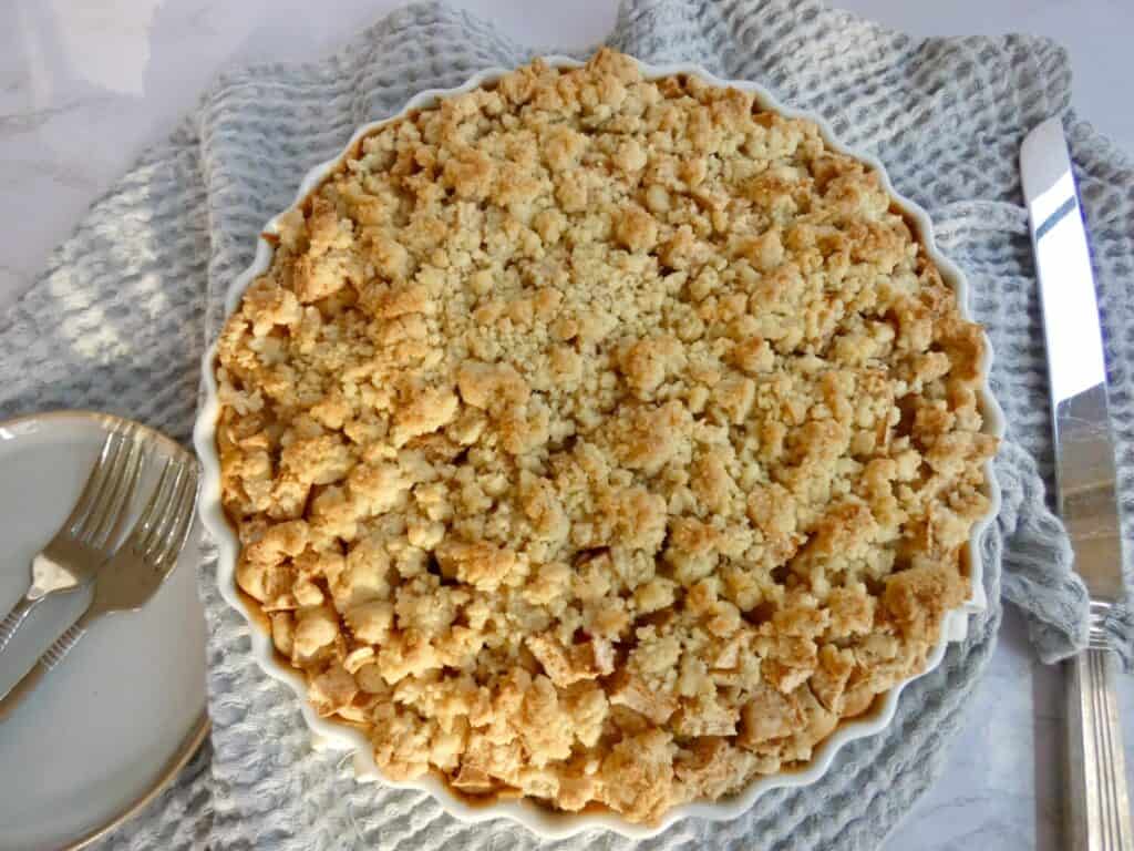 top down view of german streusel apple pie