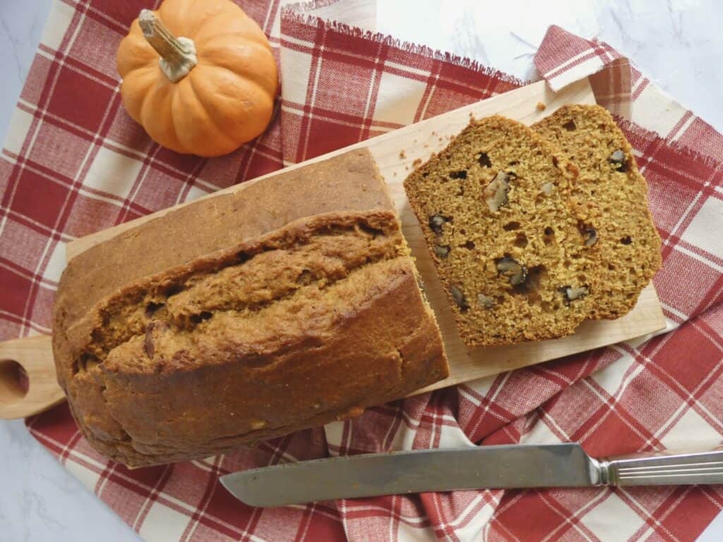 top down view of entire loaf of healthier pumpkin bread