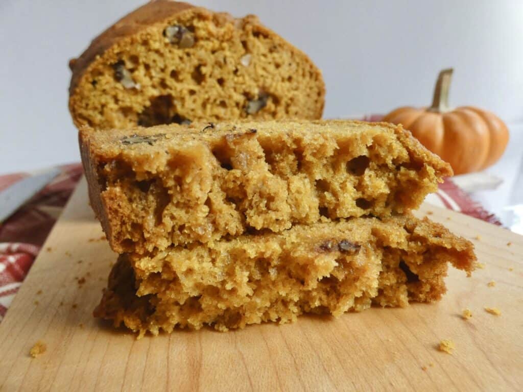 stack of healthier pumpkin bread slices