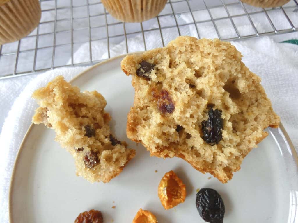 half of a Healthy Breakfast Muffin with dried fruits