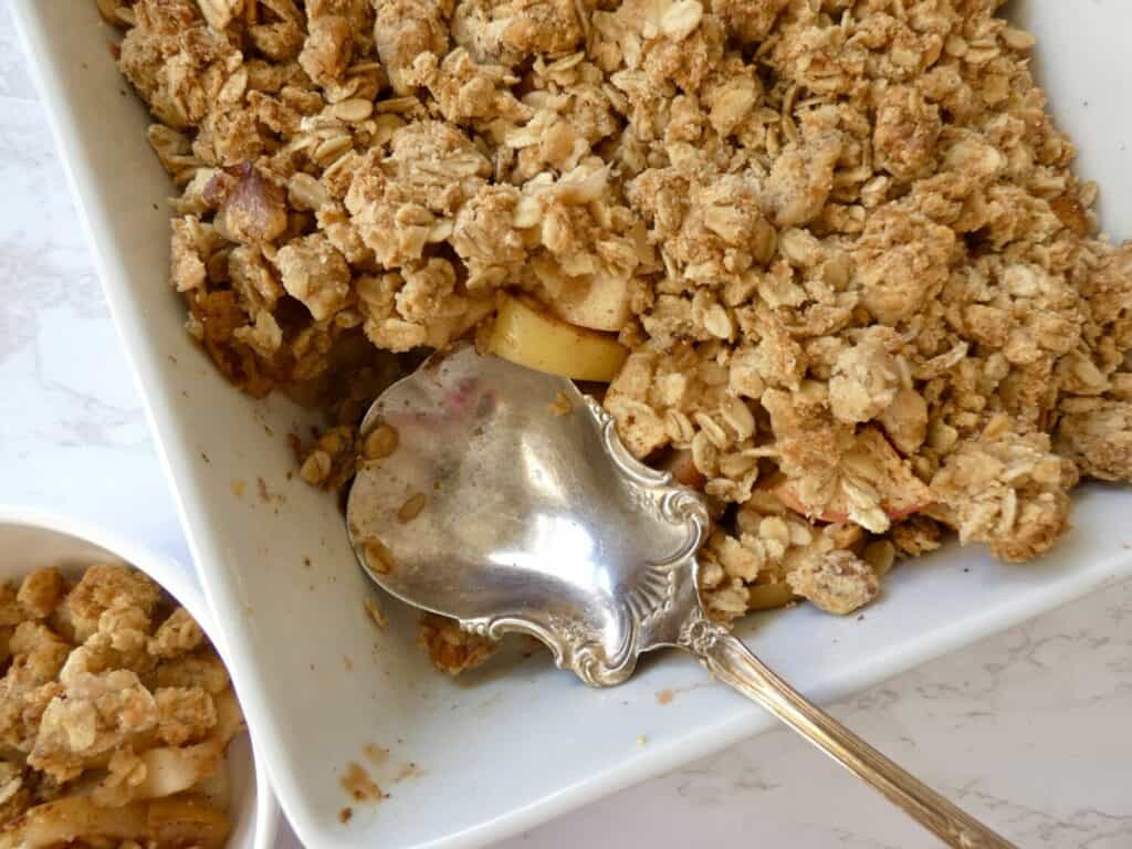 Healthy apple crumble in baking dish