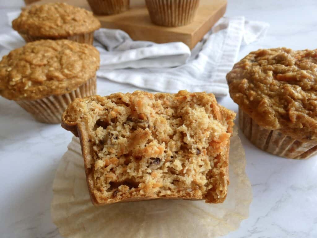 healthy carrot cake muffin cut in half