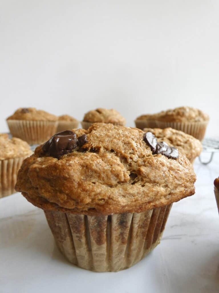 close up of healthier chocolate chip banana muffin