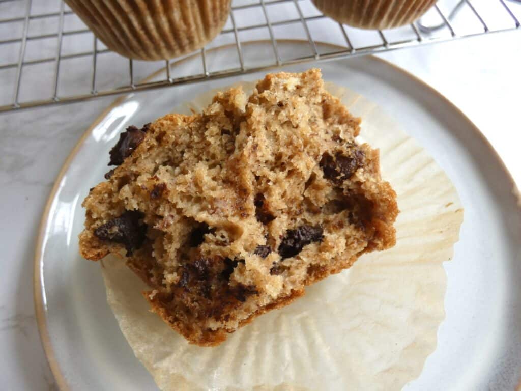 half of a healthier chocolate chip banana muffin