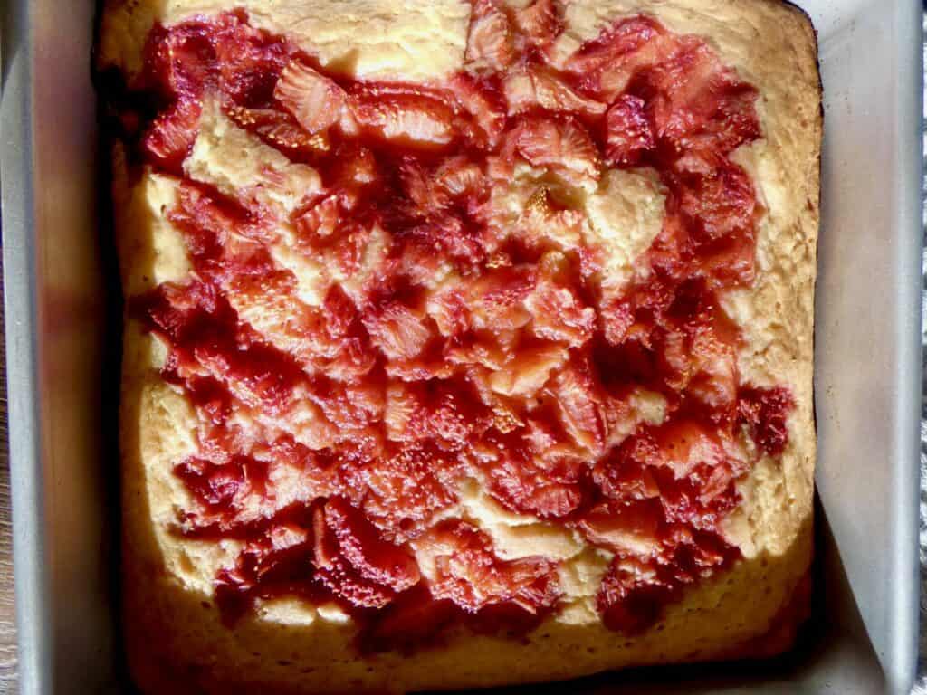 top down view of Easy Jammy Strawberry Cake in pan