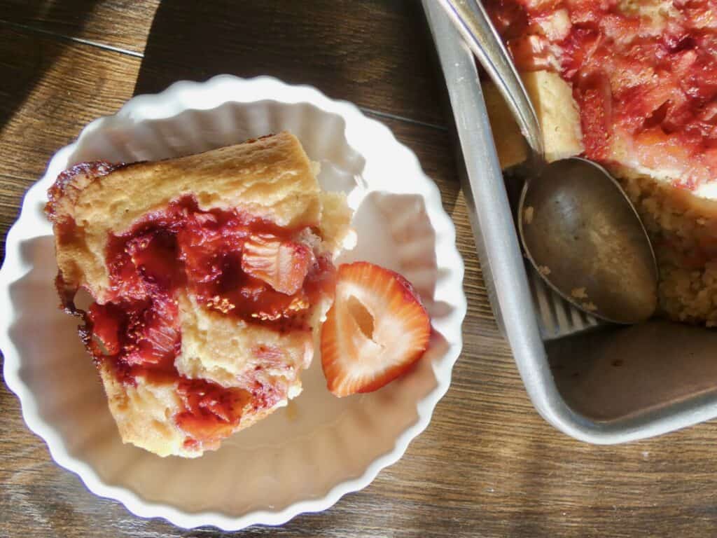 top down view of Easy Jammy Strawberry Cake in bowl