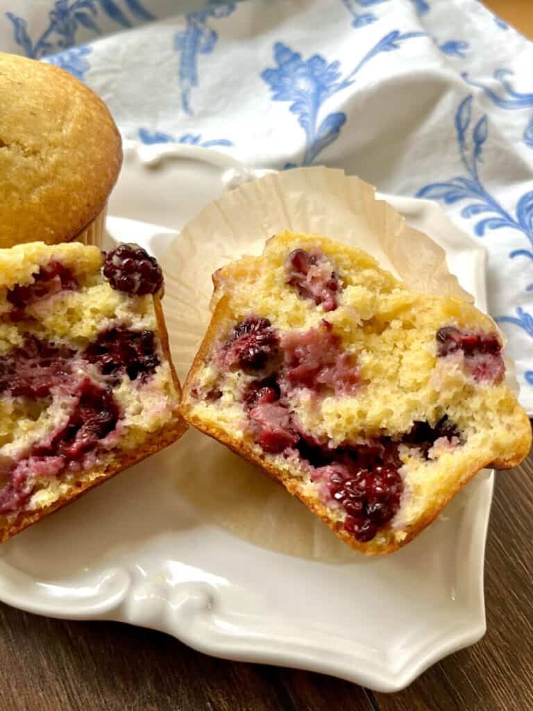 healthier blackberry cornbread muffin split in half