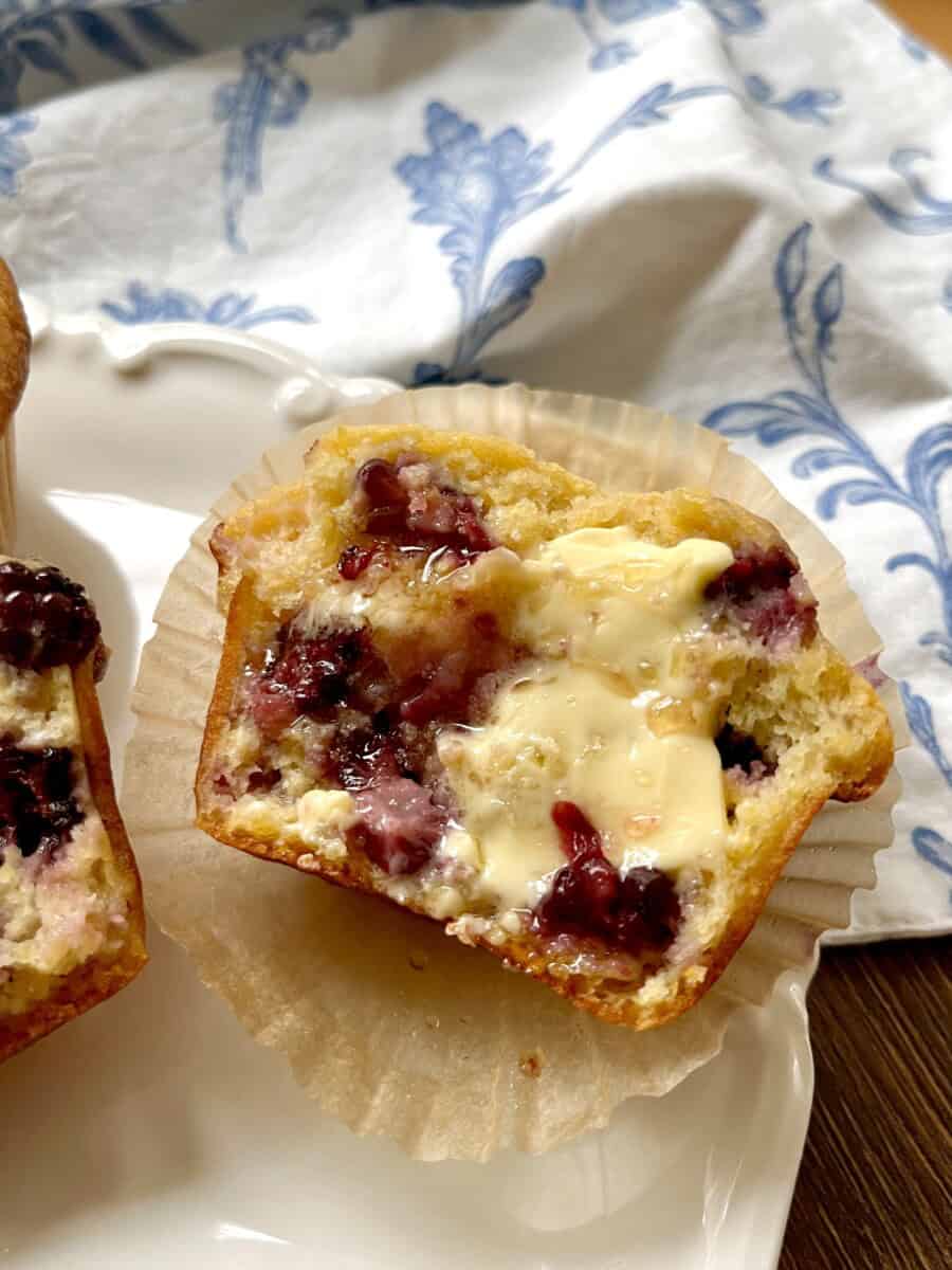 healthier blackberry cornbread muffin with honey butter