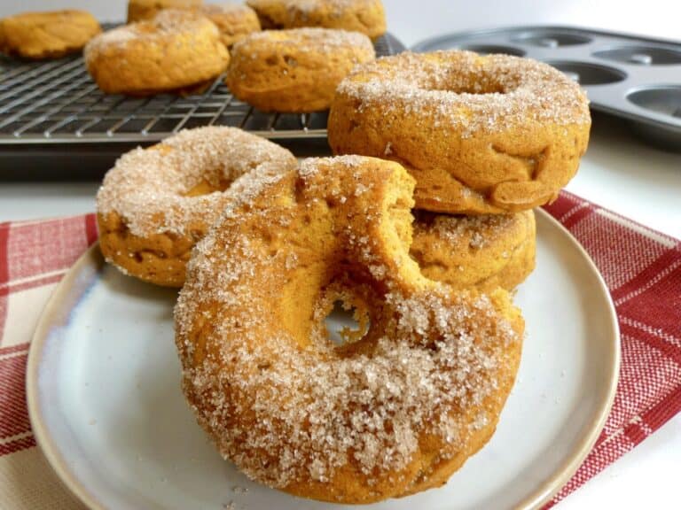 healthy baked pumpkin donut with missing bite on a plate