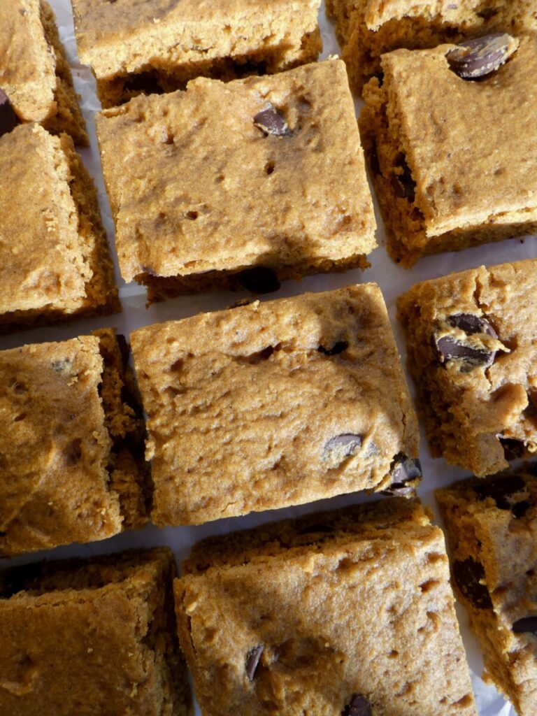 vertical image of browned butter chocolate chip pumpkin bars on parchment paper