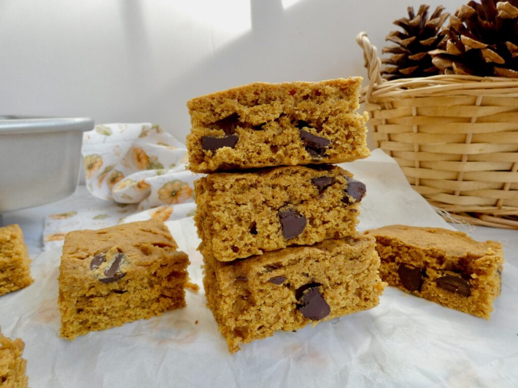 stack of browned butter chocolate chip pumpkin bars