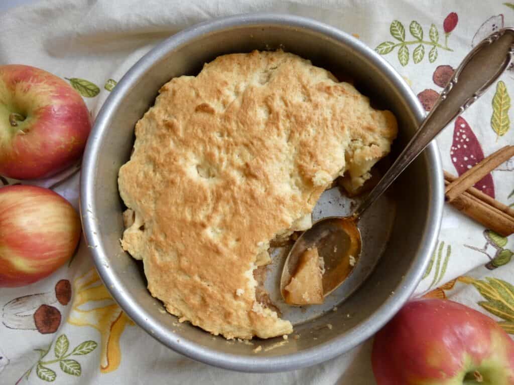 Eve's Pudding in a cake pan with cinnamon sticks and apples